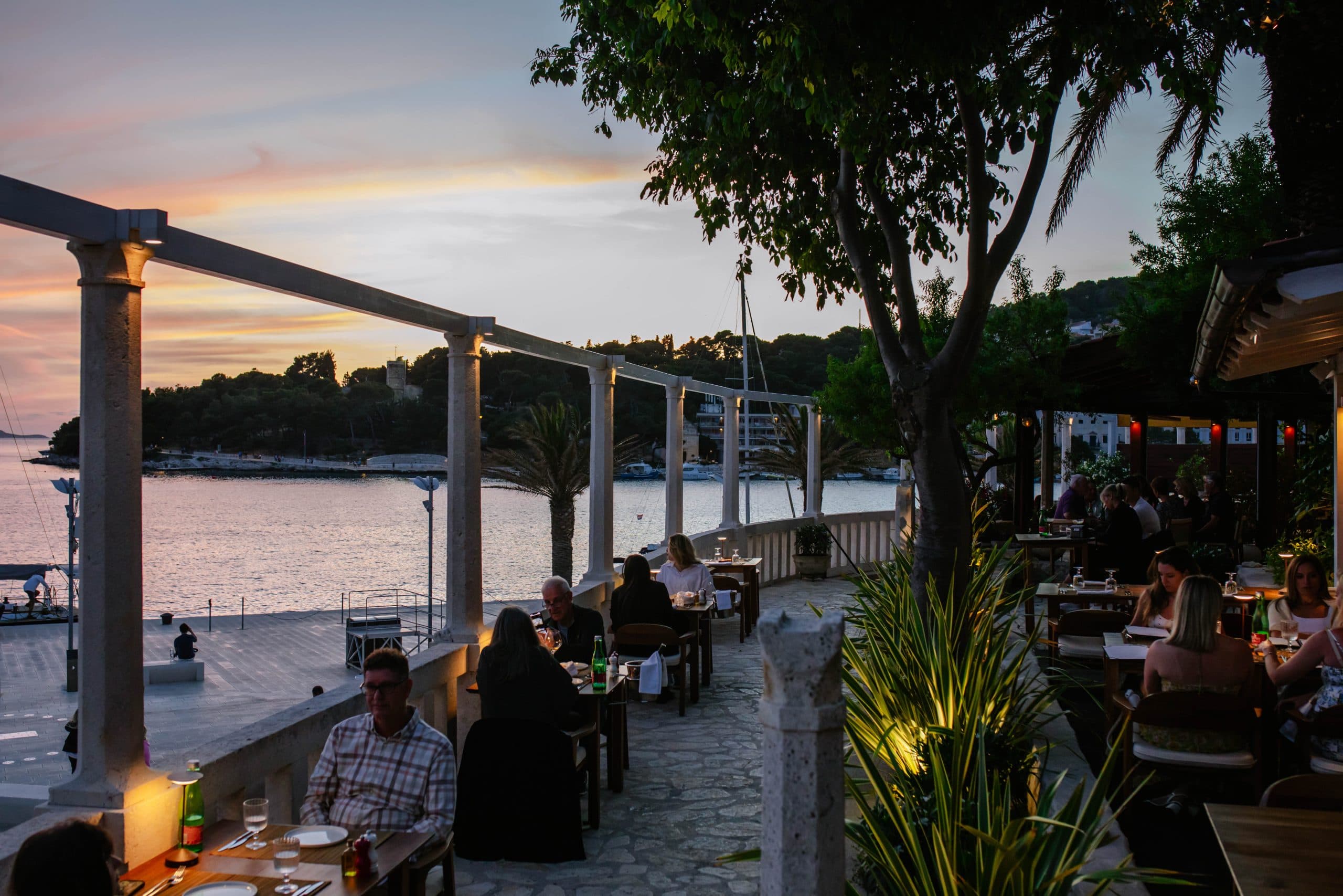 The Don Quijote terrace at sunset, above the harbour of Hvar